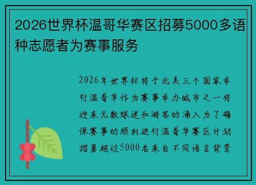 2026世界杯温哥华赛区招募5000多语种志愿者为赛事服务
