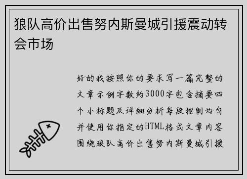 狼队高价出售努内斯曼城引援震动转会市场